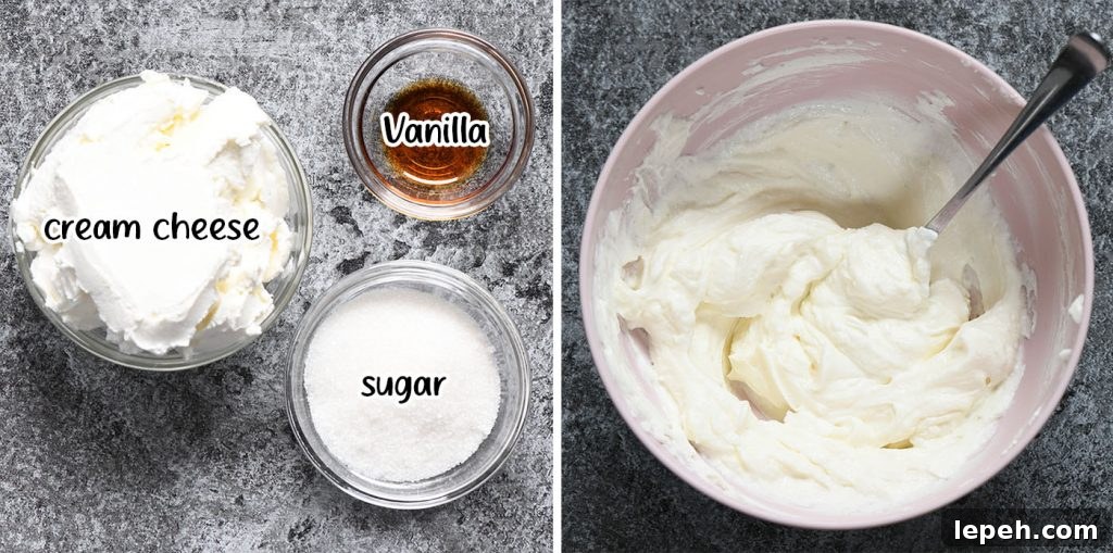 A step-by-step collage showing the ingredients for a cheesecake filling, including cream cheese, sugar, and vanilla extract, followed by a smooth, whipped cheesecake mixture in a pink bowl.