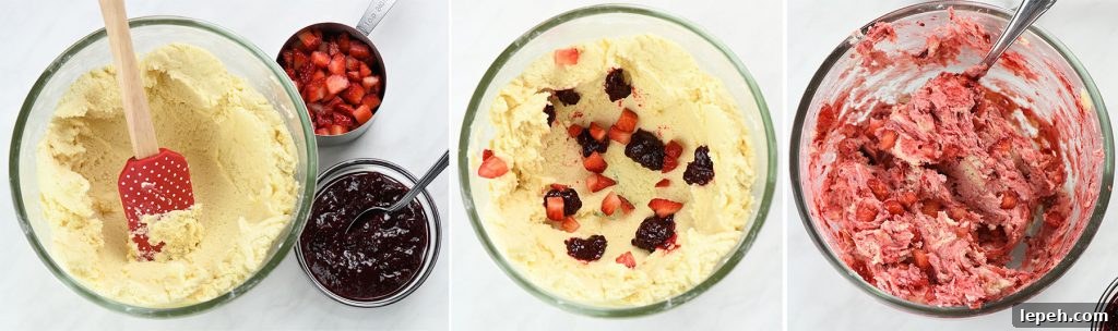 A step-by-step collage showing the process of mixing strawberry cheesecake cookie dough. The first image displays a bowl of plain cookie dough with a spatula, alongside chopped strawberries and strawberry jam. The second image shows the chopped strawberries and jam added to the dough. The final image reveals the fully mixed, pink-hued dough with visible chunks of fruit.