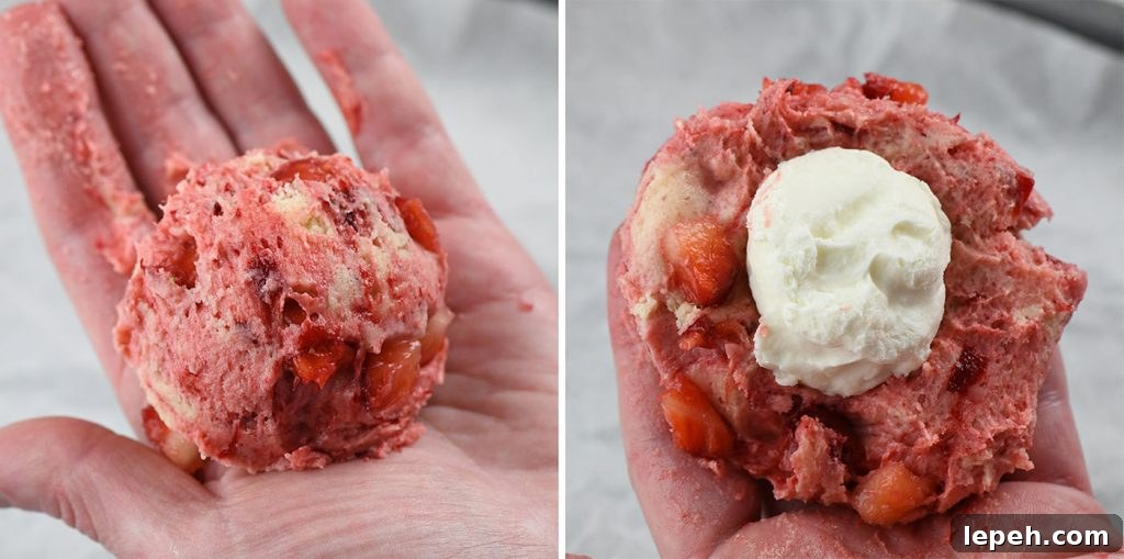 A step-by-step collage showing the process of forming strawberry cheesecake cookies. The first image displays a ball of strawberry cookie dough in a hand. The second image shows the dough being flattened with a dollop of creamy cheesecake filling in the center.