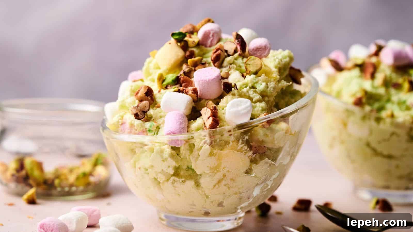A glass bowl filled with pistachio-flavored dessert topped with mini marshmallows and chopped nuts, with another similar bowl in the background.