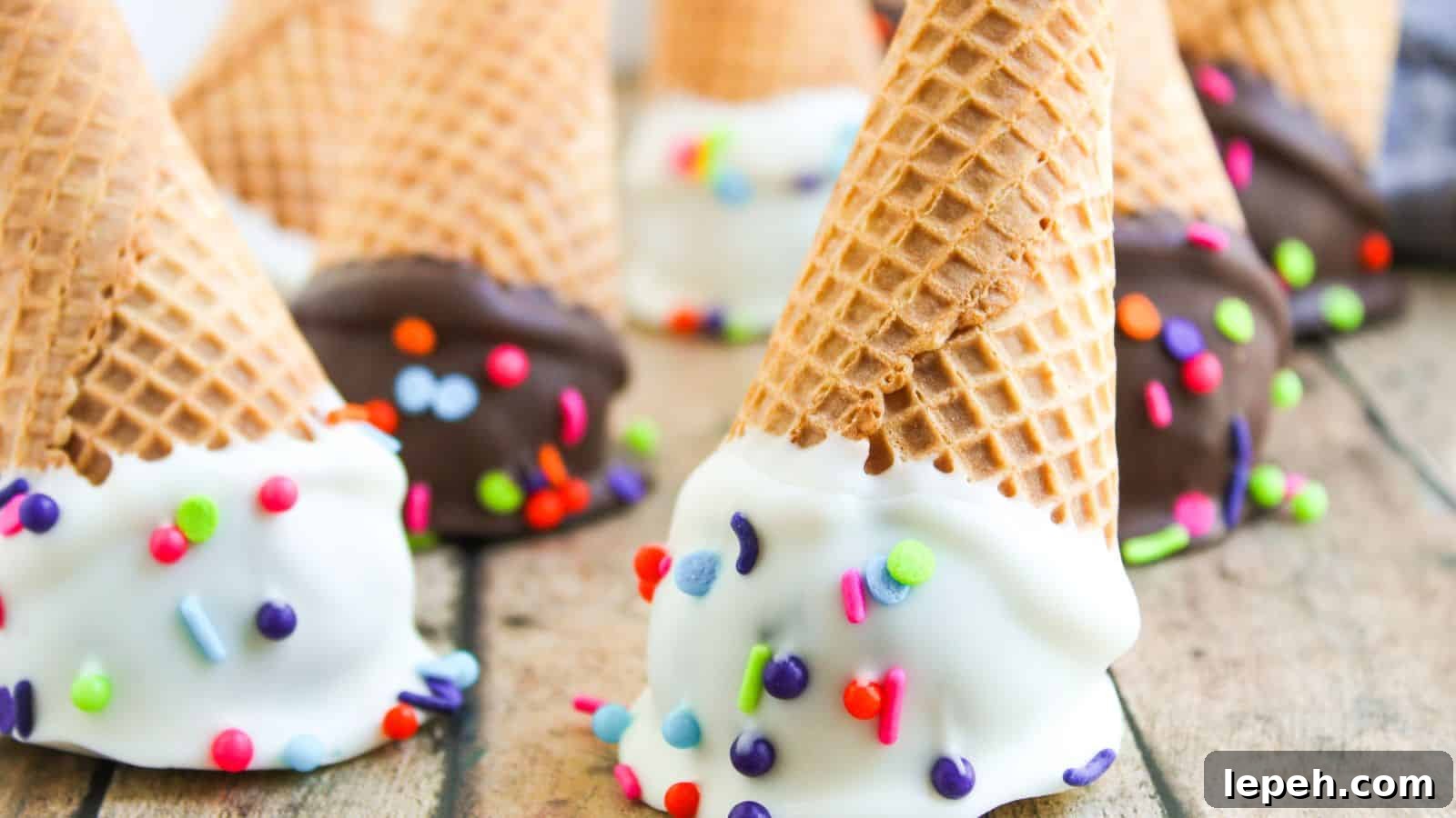 Waffle ice cream cones dipped in white and dark chocolate, decorated with colorful sprinkles, arranged on a wooden surface.