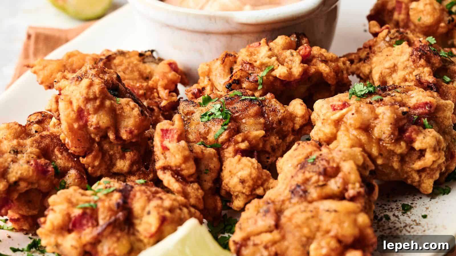 A plate of golden-brown fritters garnished with chopped herbs, served with a dipping sauce and a wedge of lemon.