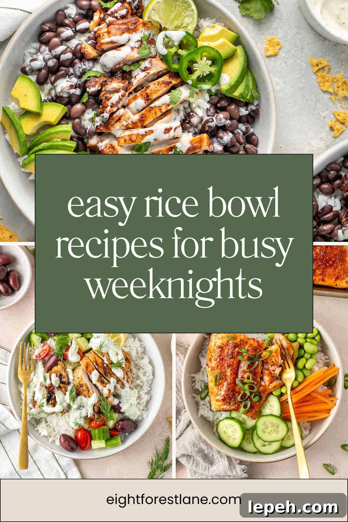 Easy rice bowl recipes for busy weeknights image with text overlay.