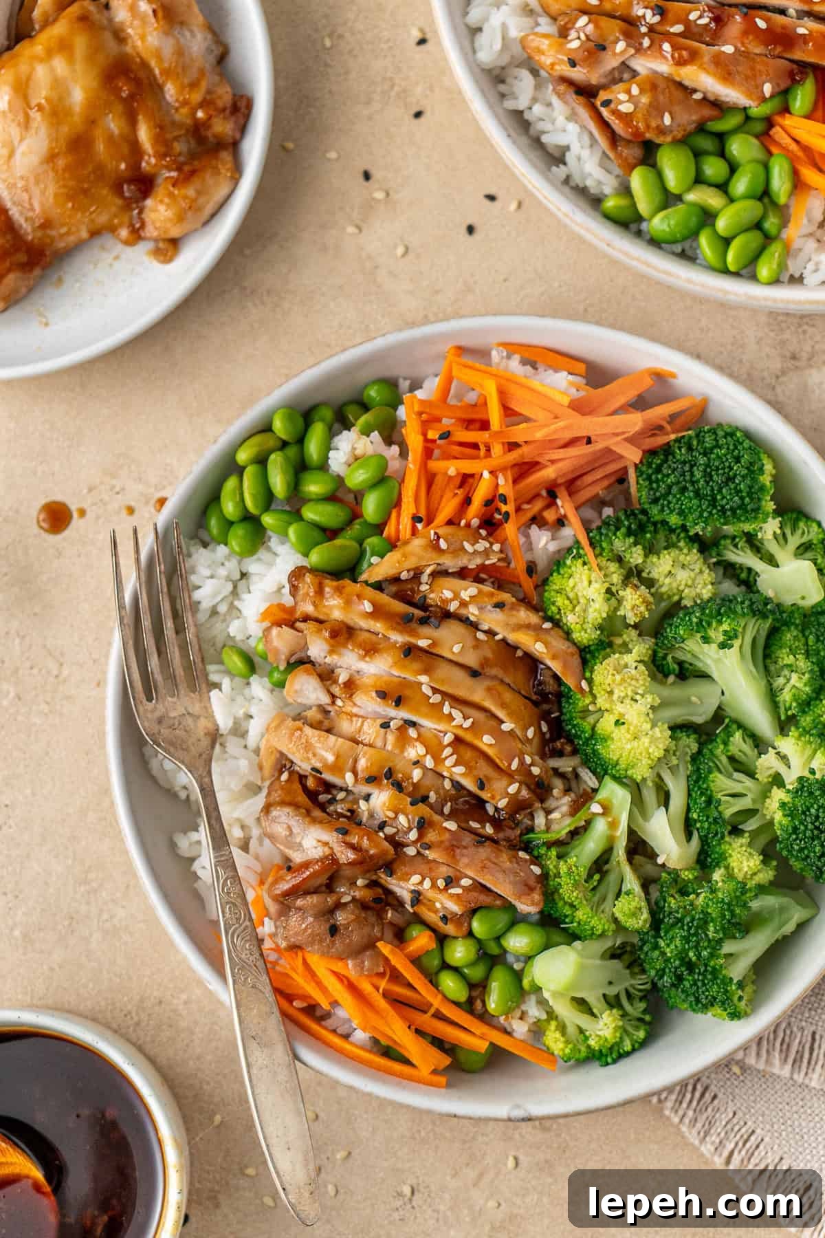 Close up of a bowl of teriyaki chicken with vegetables and rice.