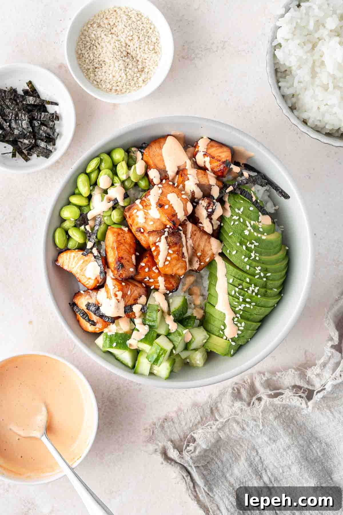 Air fryer salmon in a rice bowl.