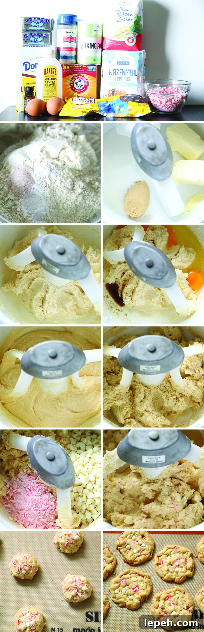 11-photo picture collage of step-by-step photos on how to make White Chocolate Peppermint Cookies