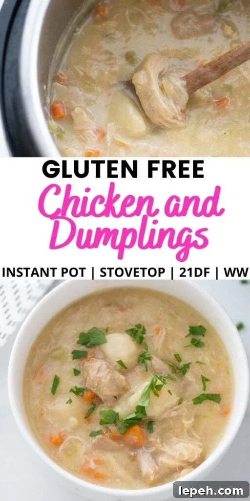 Two photo collage with pink and black text on a white rectangle. Top photo: Chicken and Dumplings in the Instant Pot. Bottom photo: Chicken and Dumplings in a white bowl.