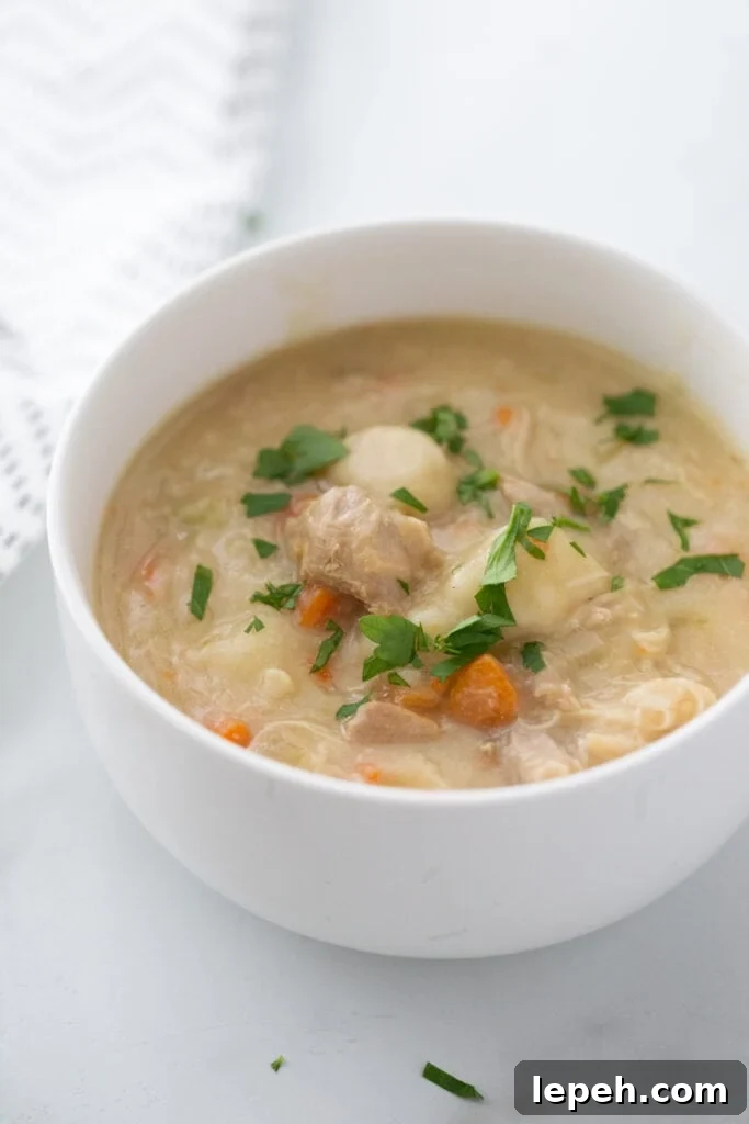 High angle photo: chicken, Gluten Free dumplings, carrots, and celery in a bowl garnished with parsley.