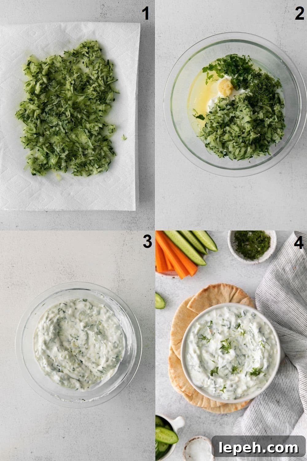 Photo collage showing four steps needed to make homemade tzatziki dip with shredded cucumber