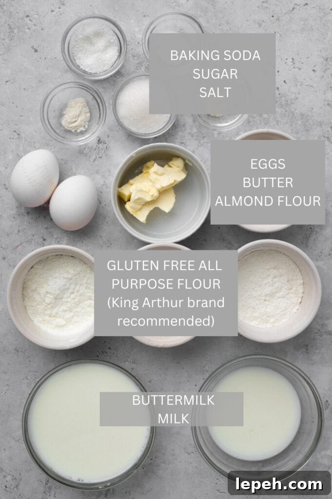 Photo of 15-Minute Fluffy Gluten Free Pancakes ingredients in bowls labeled 