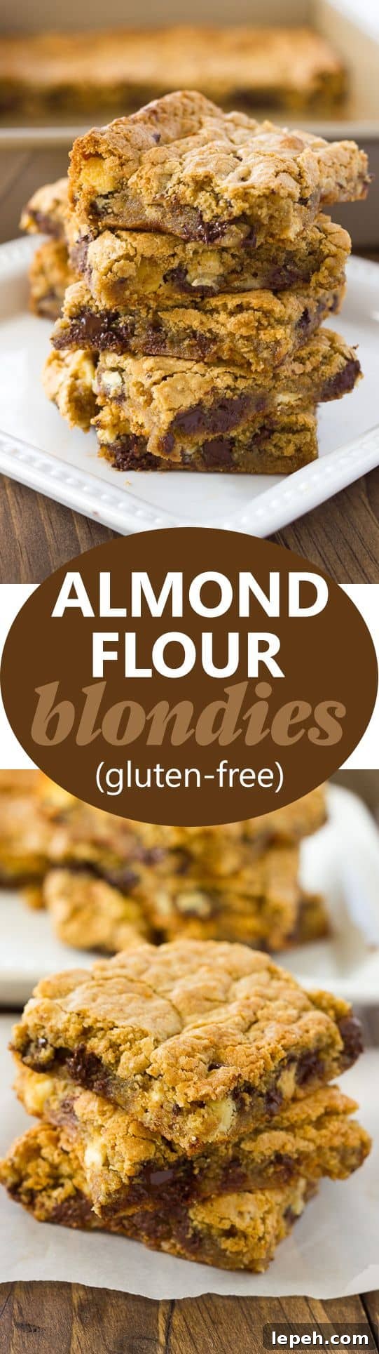 image for pinterest of almond flour blondies stacked on white plate