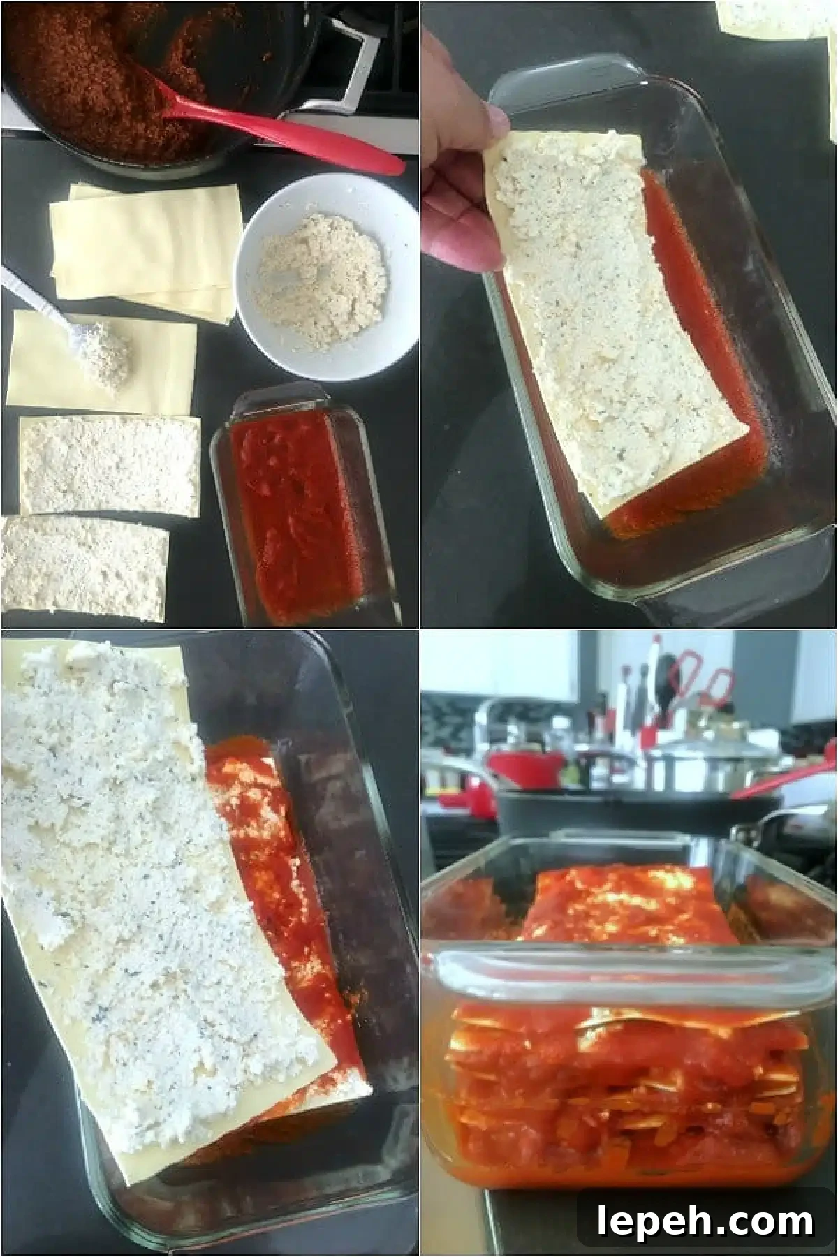 A four photo collage showing step by step assembly to make lasagna: spread vegan ricotta cheese over noodles, layer them in baking dish with sauce and vegan meat sauce.