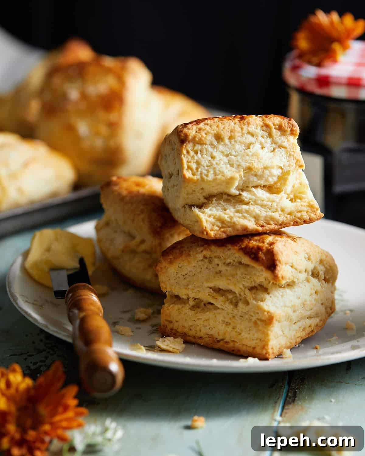 From scratch biscuits stacked on top of each other.