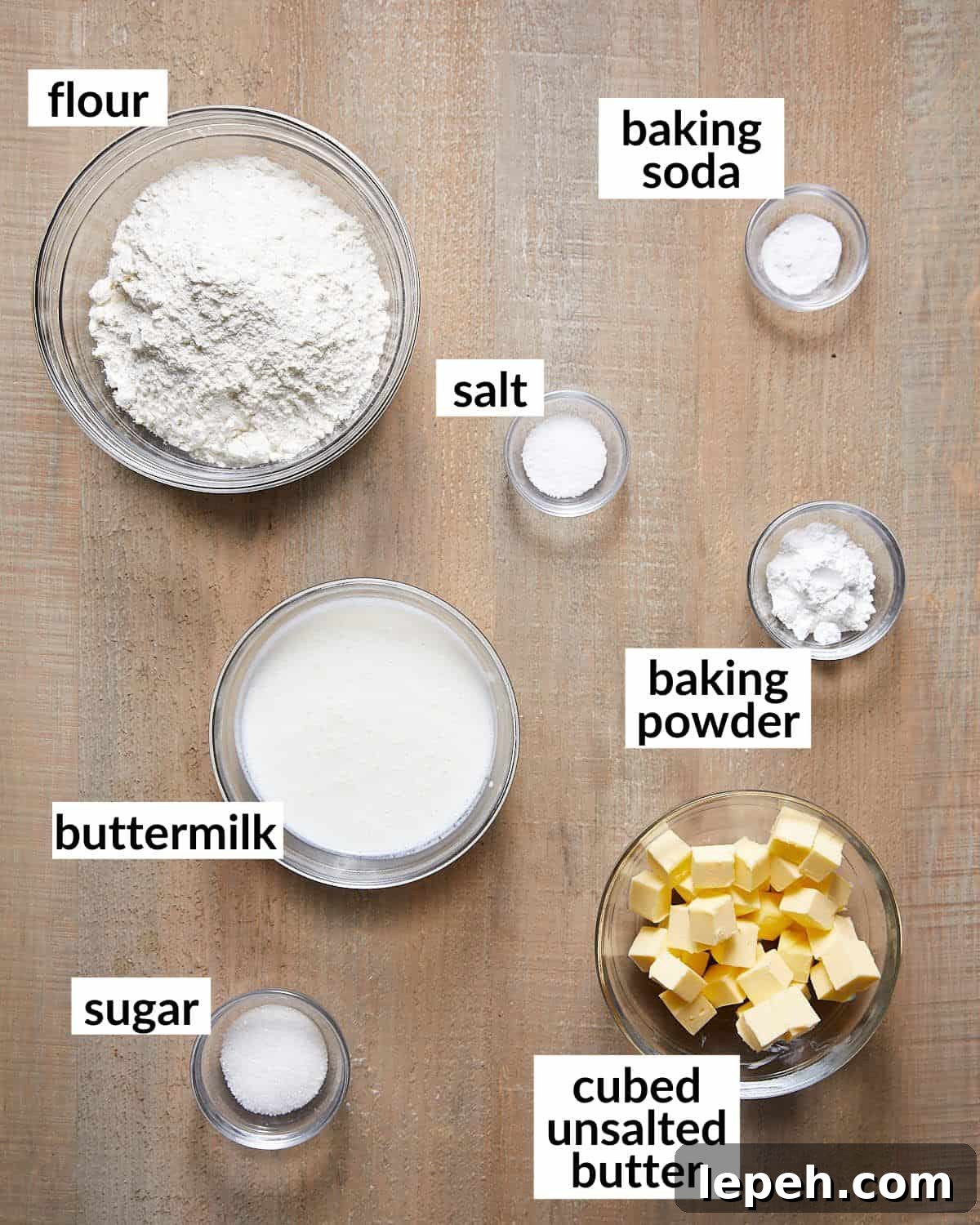 Ingredients needed to make homemade biscuits.