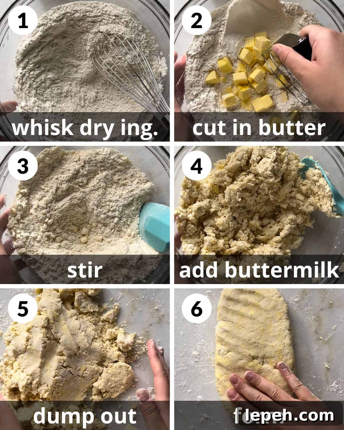 A 6 photo collage showing how to make the biscuit dough.