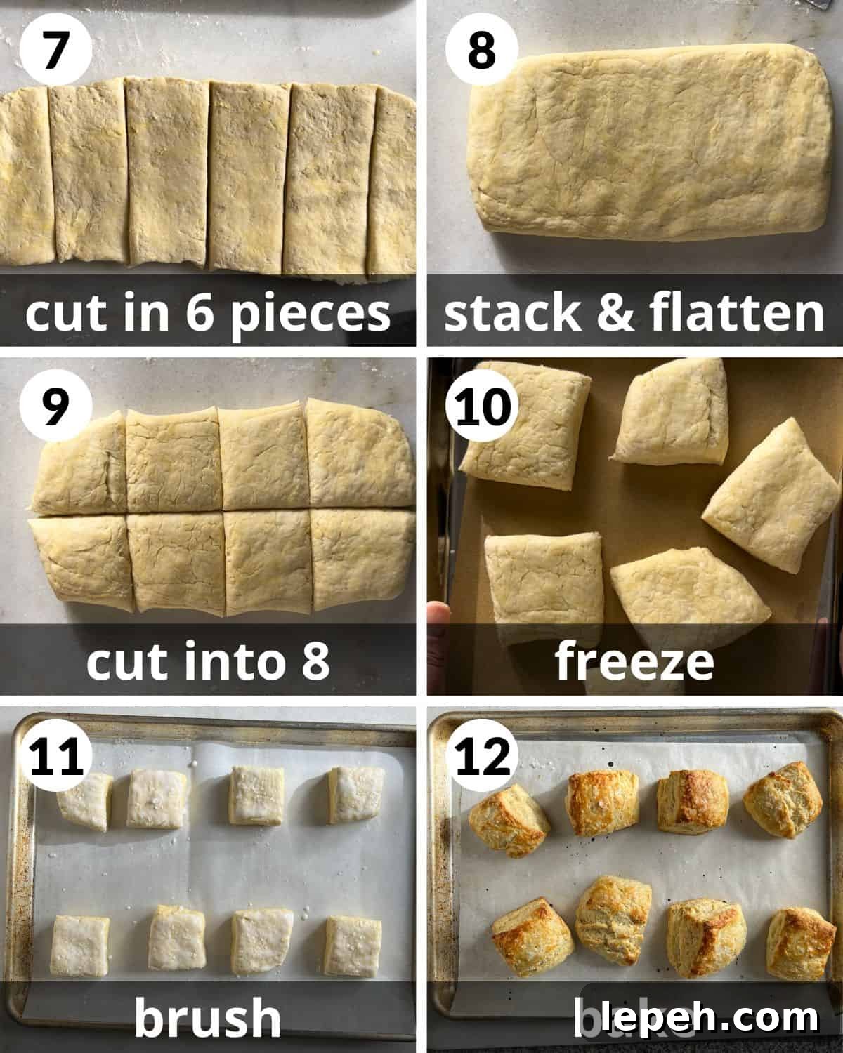 A 6 photo collage showing how to shape, cut, and bake the biscuits.