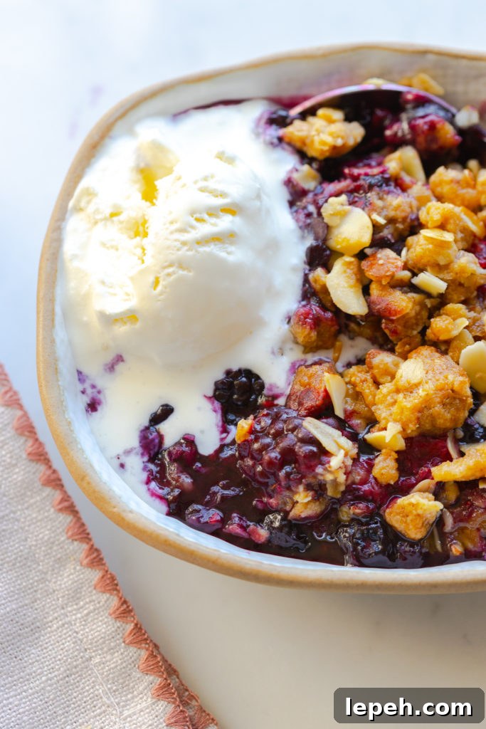 Mixed Berry Oat Almond Crisp with a scoop of vanilla ice cream