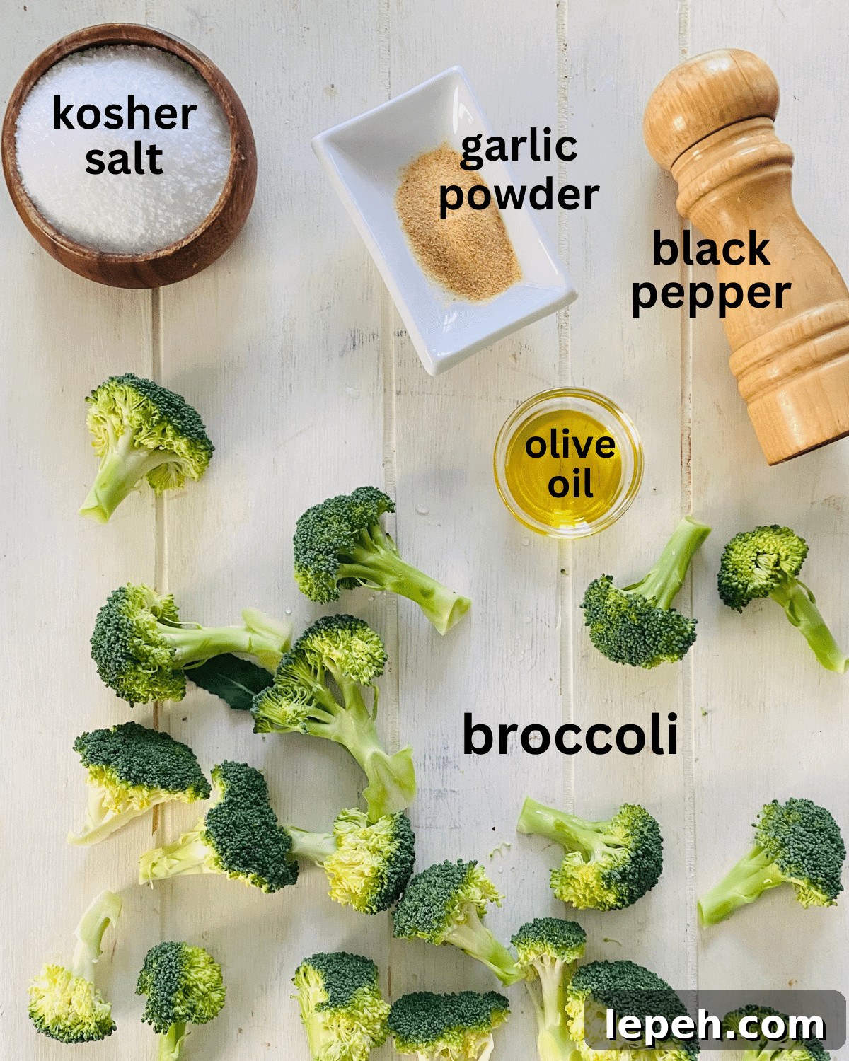 broccoli florets, kosher salt, peppermill, olive oil, garlic powder.