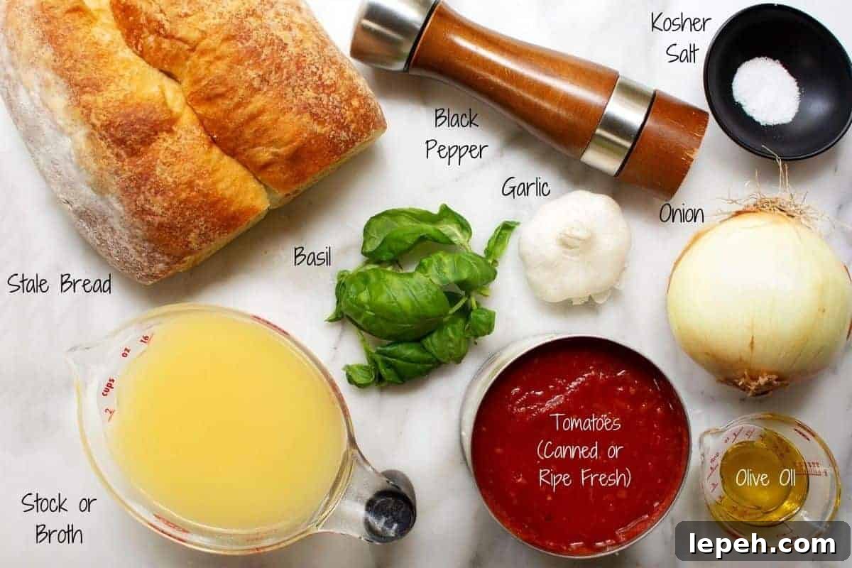 Pappa al Pomodoro Ingredients on a white marble board