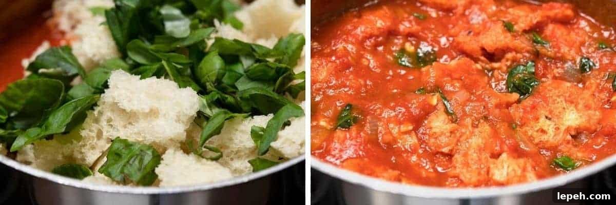 stirring bread and basil into soup