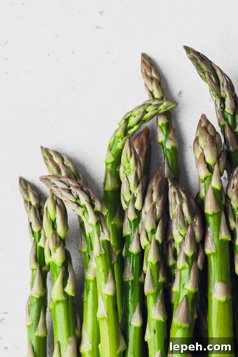 Close up straight on shot of a few raw asparagus spears on a light background. 