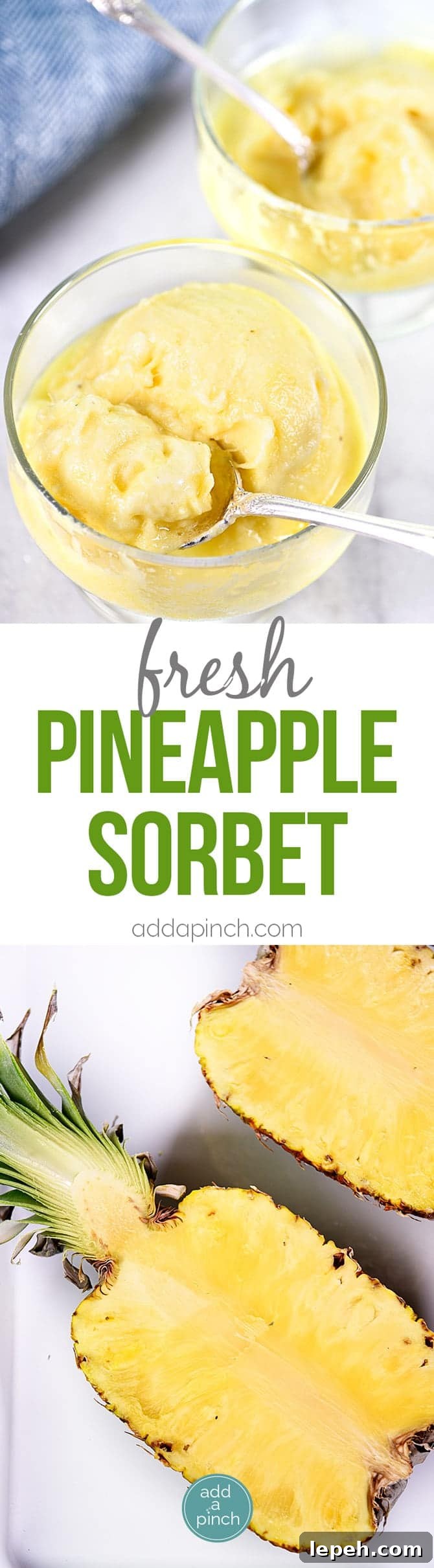 Fresh Pineapple Sorbet Recipe - Fresh pineapple sorbet makes a light and refreshing dessert or snack! Made without any added sugar, this is a sorbet recipe everyone will enjoy! // addapinch.com