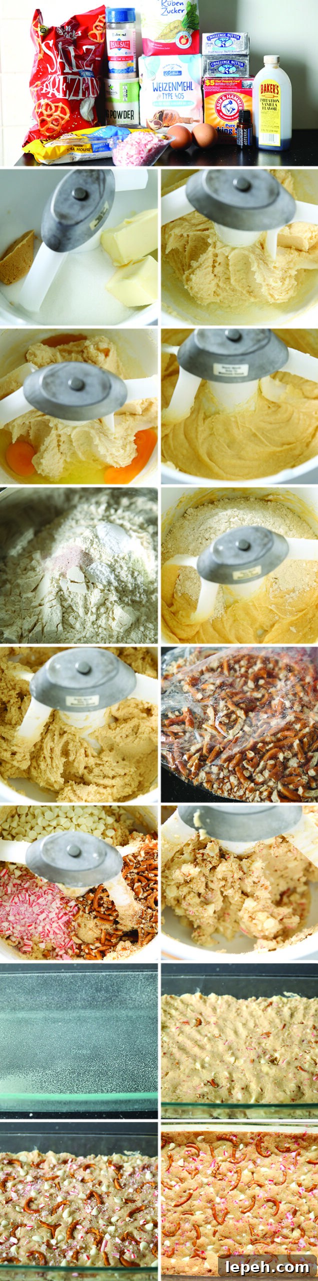 15-photo picture collage of step-by-step photos of how to make White Chocolate Peppermint Pretzel Cookie Bars.
