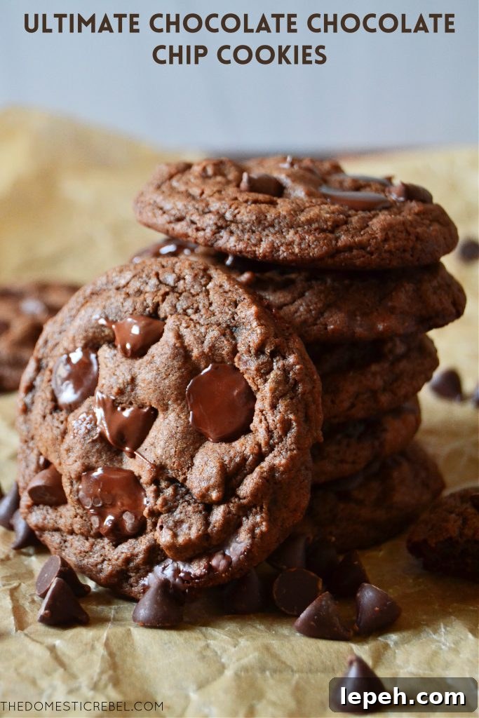 stacked arrangement of chocolate chocolate chip cookies on parchment