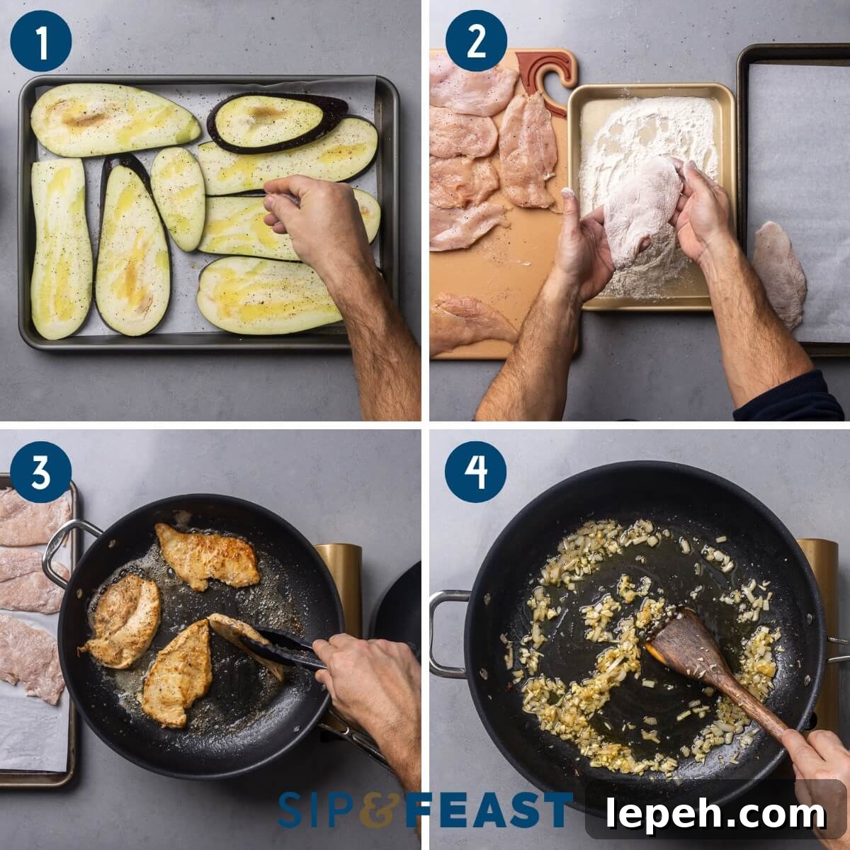 Chicken sorrentino recipe process shot collage group one showing seasoning of eggplant slices, flouring chicken cutlets, searing chicken in pan, and sauteing onion and garlic in pan.