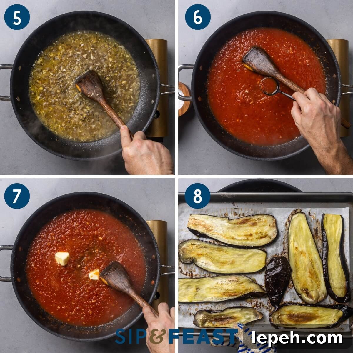 Recipe collage two showing deglazing pan with stock and wine, taste testing sauce, adding butter to the sauce, and the roasted eggplant slices.