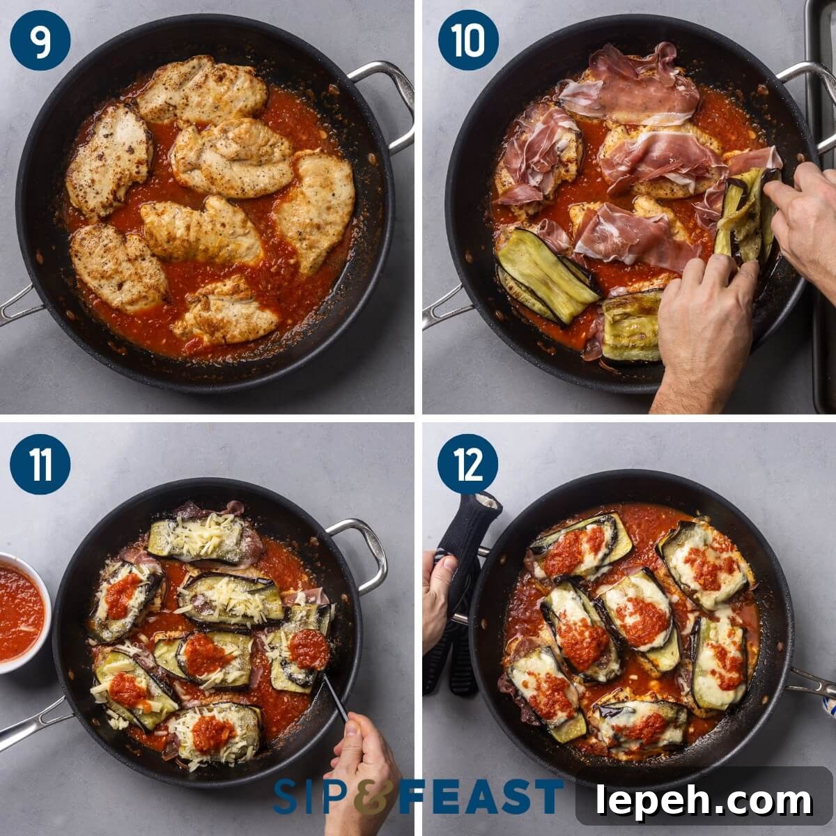 Recipe collage three showing adding the chicken to the pan with sauce, layering prosciutto and eggplant on top of the chicken, adding cheese and sauce to the top of the chicken pieces, and the finished dish after baking.