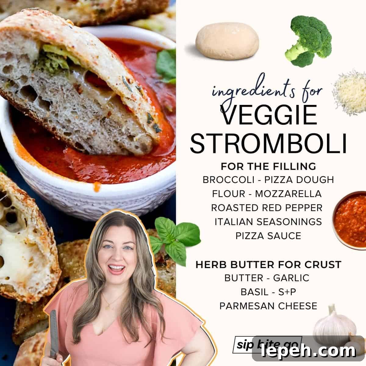Infographic with Ingredients for making vegetable strombolis