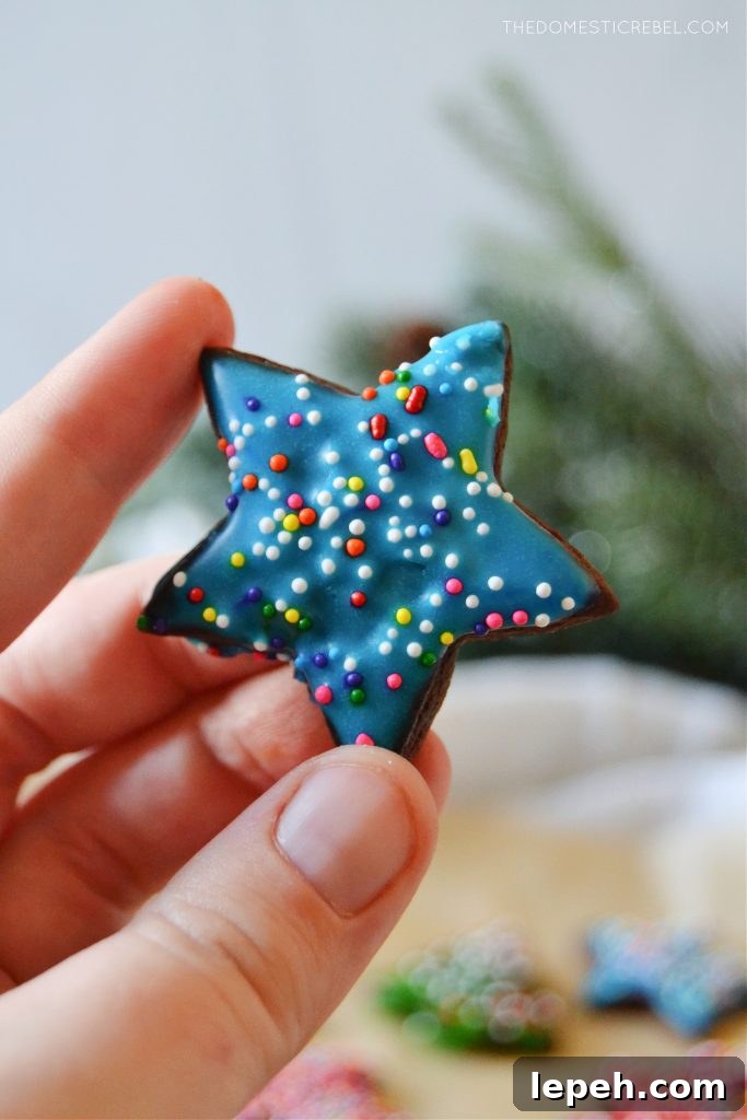 author holding a glazed star chocolate sugar cookie