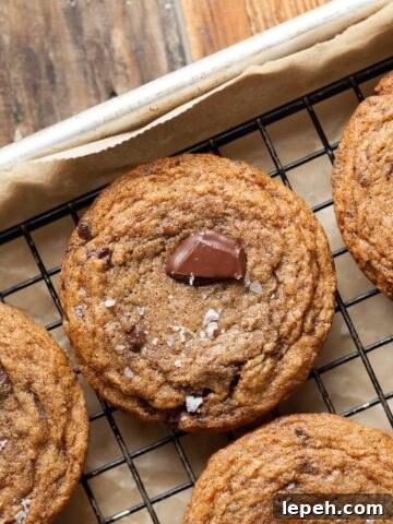 gluten free espresso chocolate chip cookies topped with flaky sea salt on a cooling rack