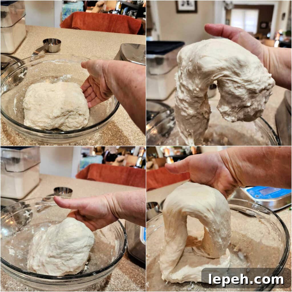 A collage of four images showing a wet hand picking up dough in a bowl and performing coil folds.