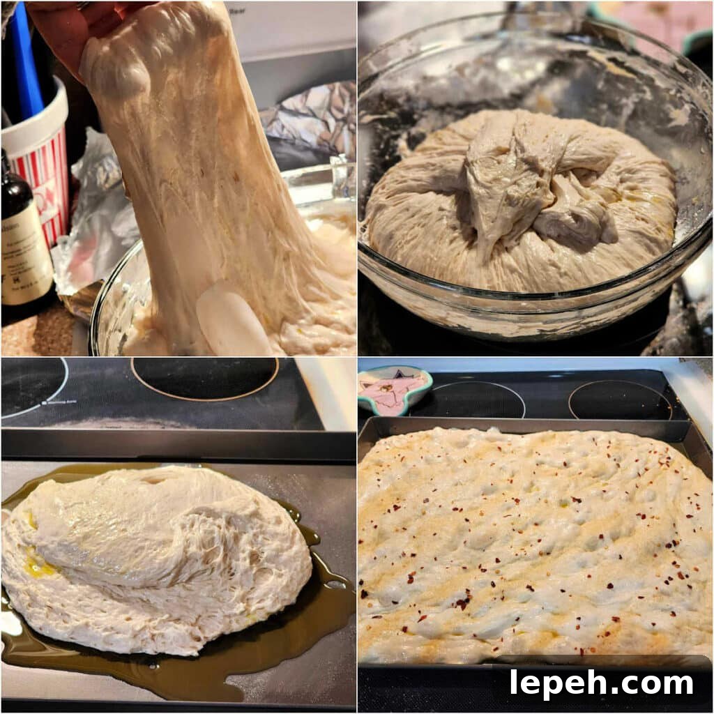 A collage of four images showing the dough being stretched and placed in a pan.