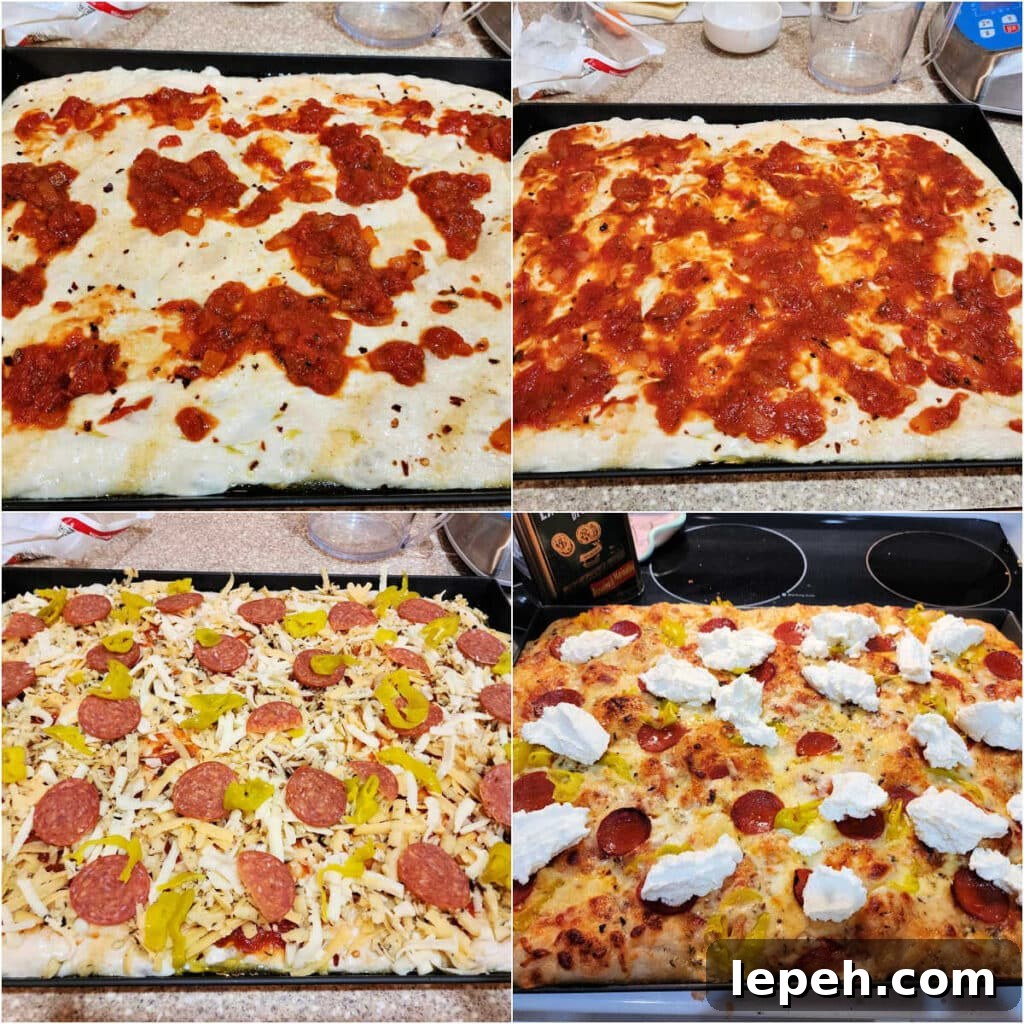 A collage showing the pizza being sauced, topped, and par-baked with ricotta added later.