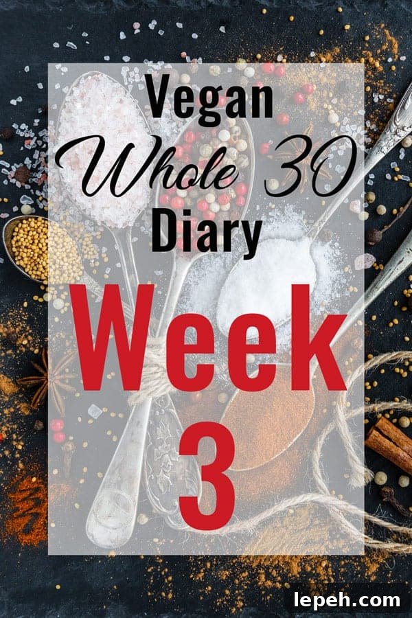 Text saying "vegan whole 30 diary week 3"on a dark background of spoons and spices