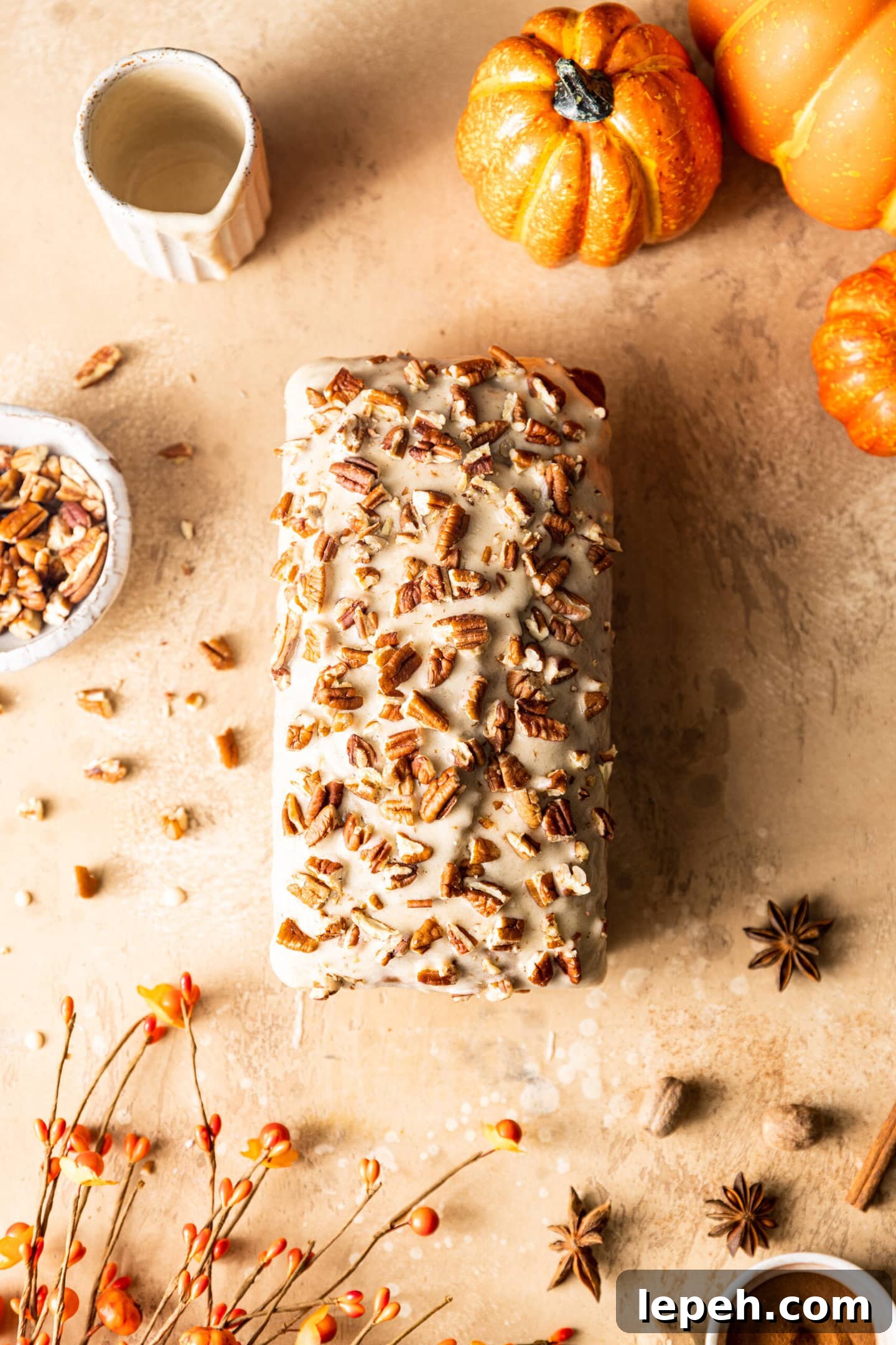 Maple Glazed Pumpkin Bread with chopped pecans from above