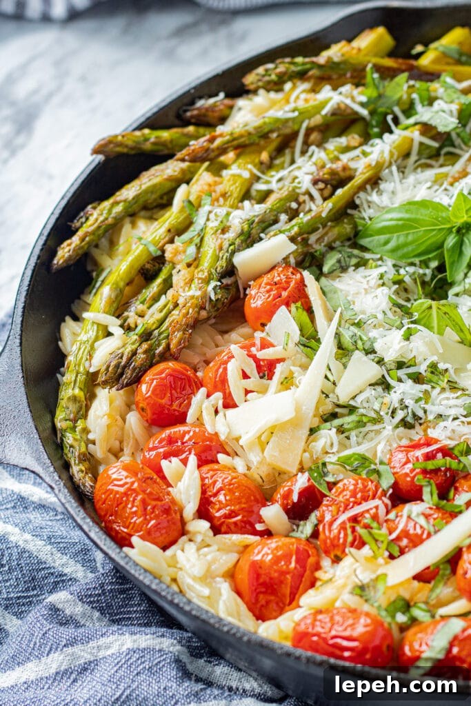 Side view of Black pan of cooked orzo, roasted asparagus and tomatoes, parmesan cheese on top with blue tea towel.