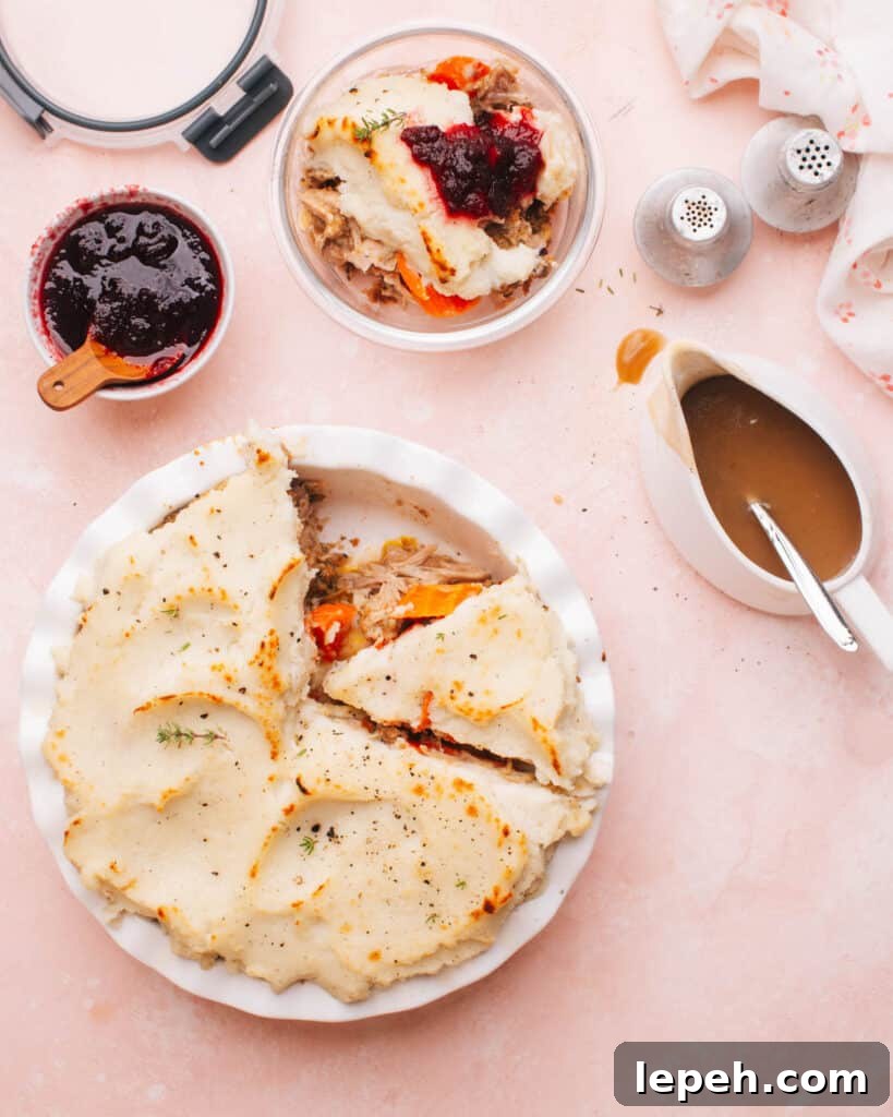 Thanksgiving Leftovers casserole with a slice removed.