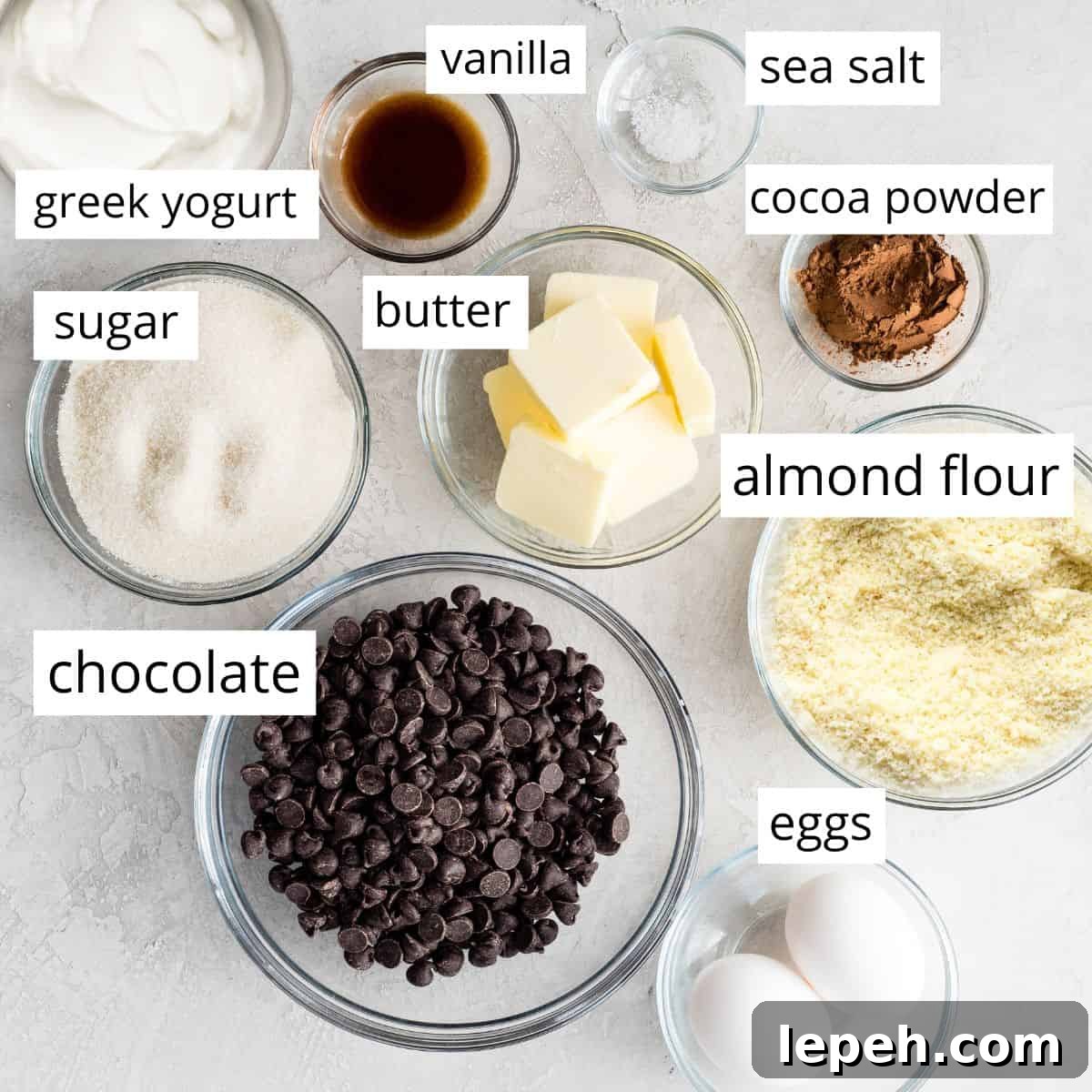 overhead photo of the labeled ingredients in this Greek Yogurt Brownies recipe