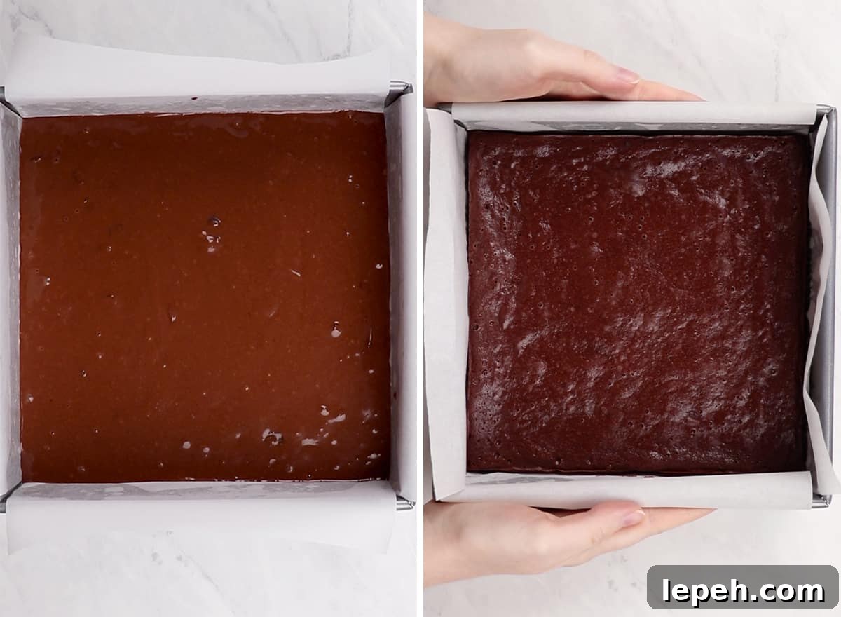 two overhead photos showing how to make healthy brownies before and after baking