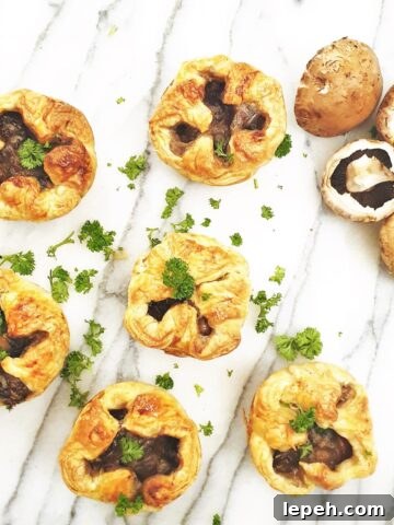 Overhead shot of 6 mushroom tarts.