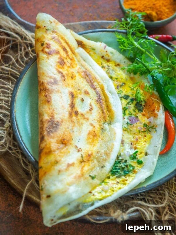 A crispy Egg Dosa served with chutney and podi.
