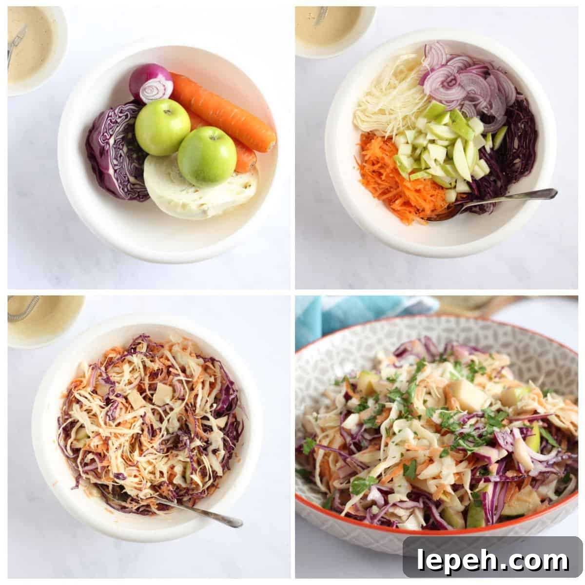 Step by step photo instructions for making the apple coleslaw.
