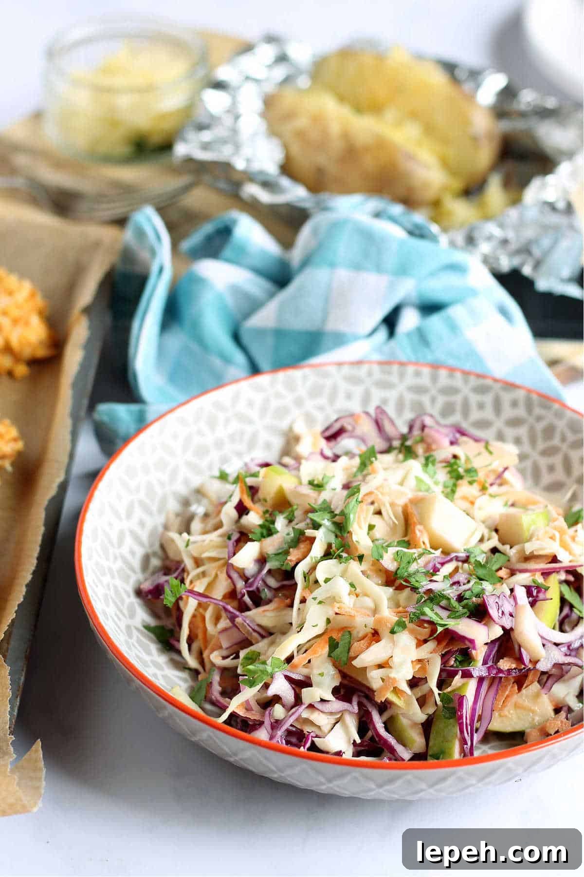 A close-up shot of homemade coleslaw.