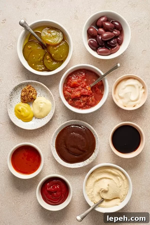 An array of condiments in small bowls. 