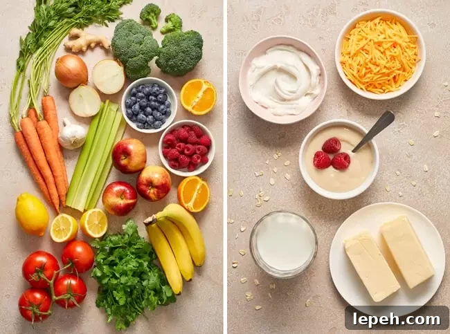 Fresh fruits, veggies and dairy free condiments in small bowls and plates.