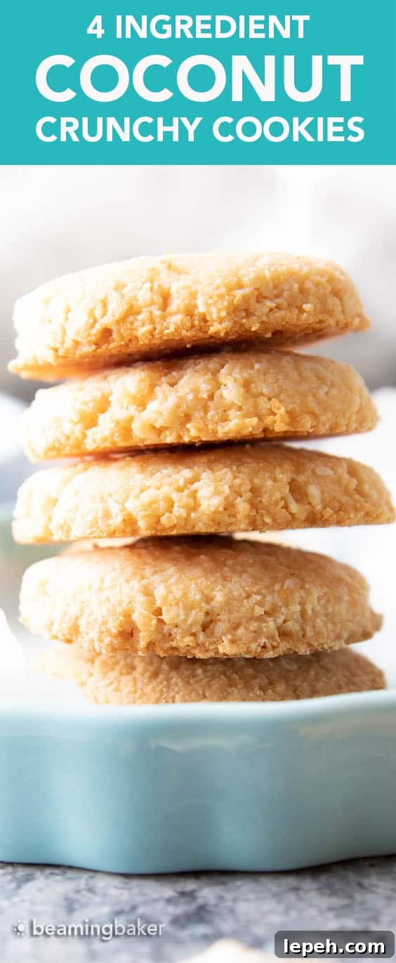 Vegan Coconut Cookies: an easy 4 ingredient recipe for crunchy, crispy vegan cookies packed with three kinds of coconut!